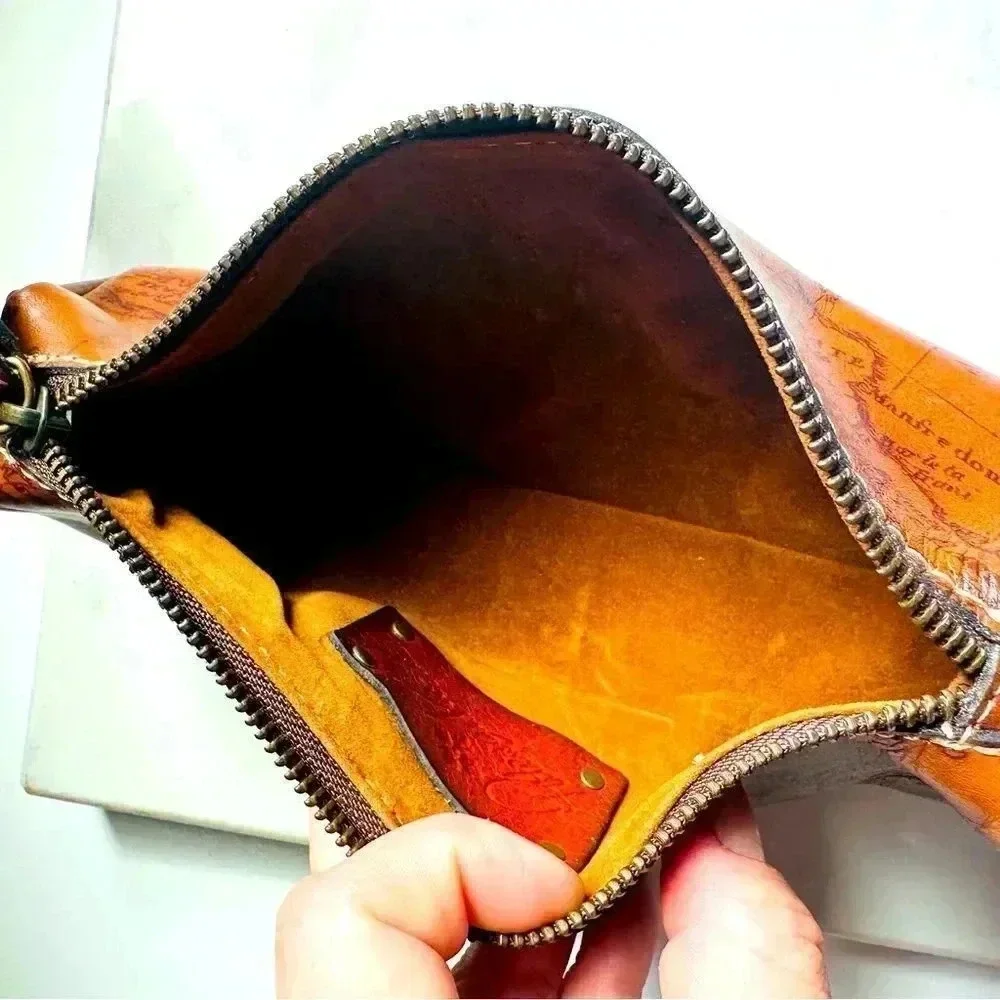 NWOT Patricia Nash Map Print Italian Leather Isla Cosmetic Bag Riot Rust